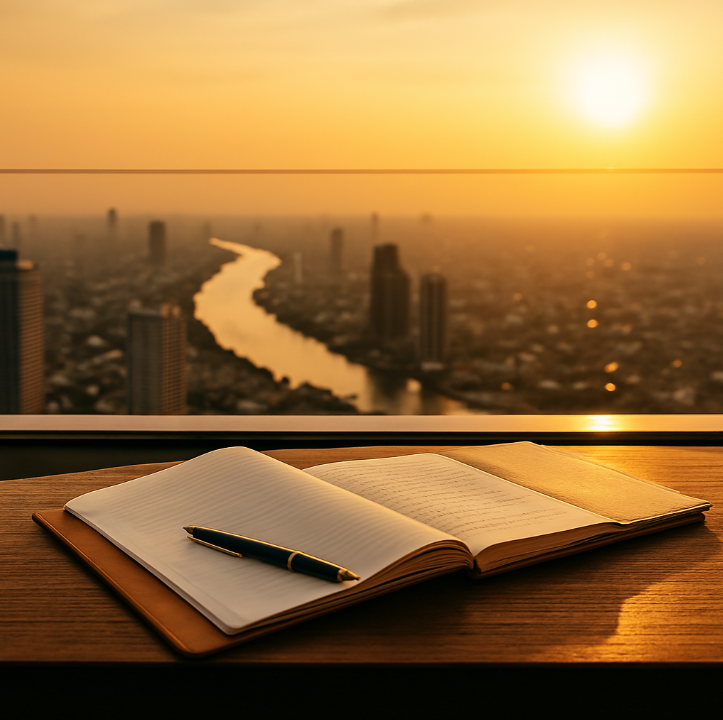 En öppen anteckningsbok med en penna. Boken ligger på ett bord med en stadsvy i bakgrunden. Det är skymning.
